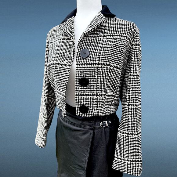Vintage 60s Wool Houndstooth Cropped Blazer Black & White XS–S - Picture 11 of 16